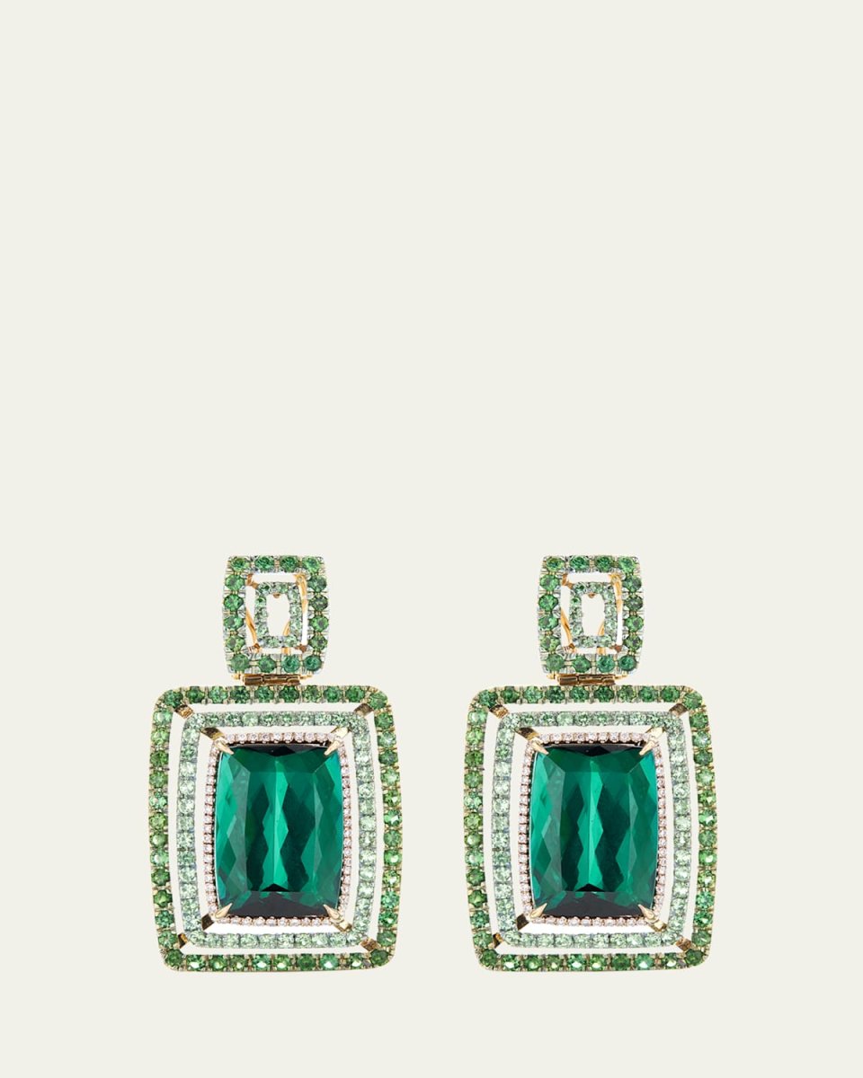 18K Yellow Gold and Titanium Chandelier Earrings with Diamonds and Tourmaline